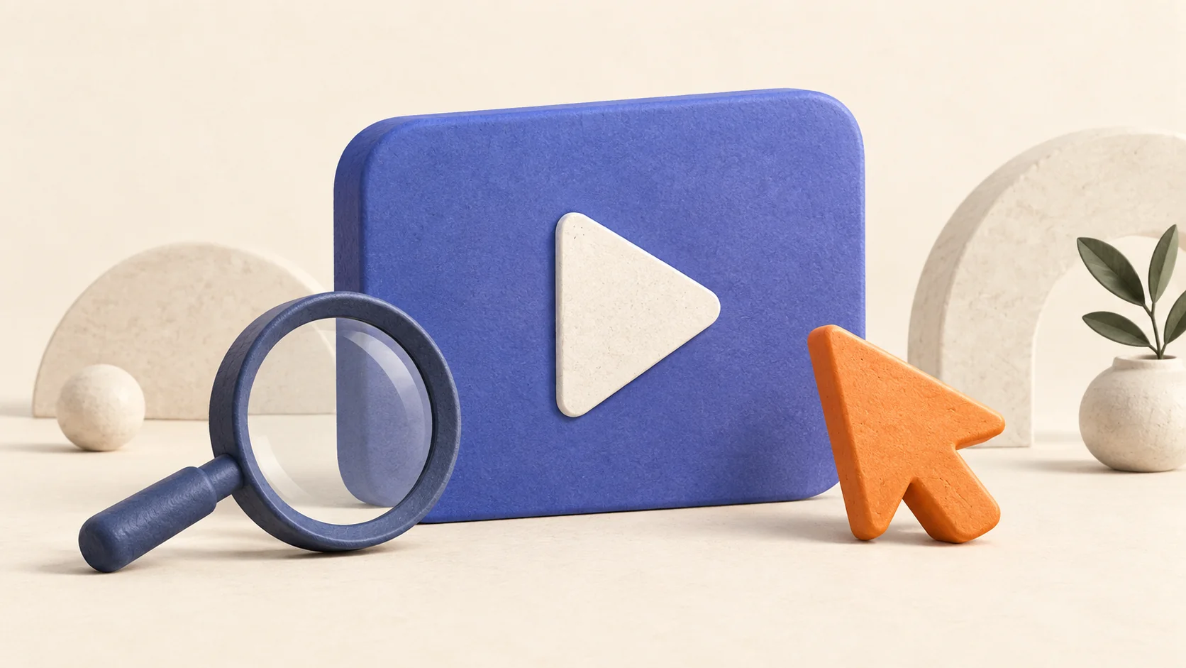 Play symbol, cursor arrow and magnifying glass illustrating video-player evaluation