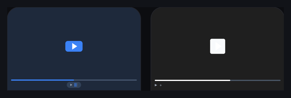Two Vidzy player-skin previews with blue and monochrome play-button treatments