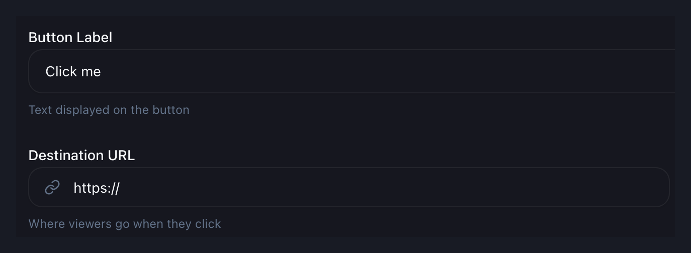 Vidzy CTA configuration excerpt showing the label and destination URL fields