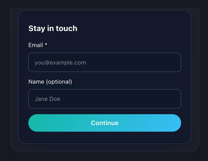 Vidzy lead-form preview showing an email field and an optional name field