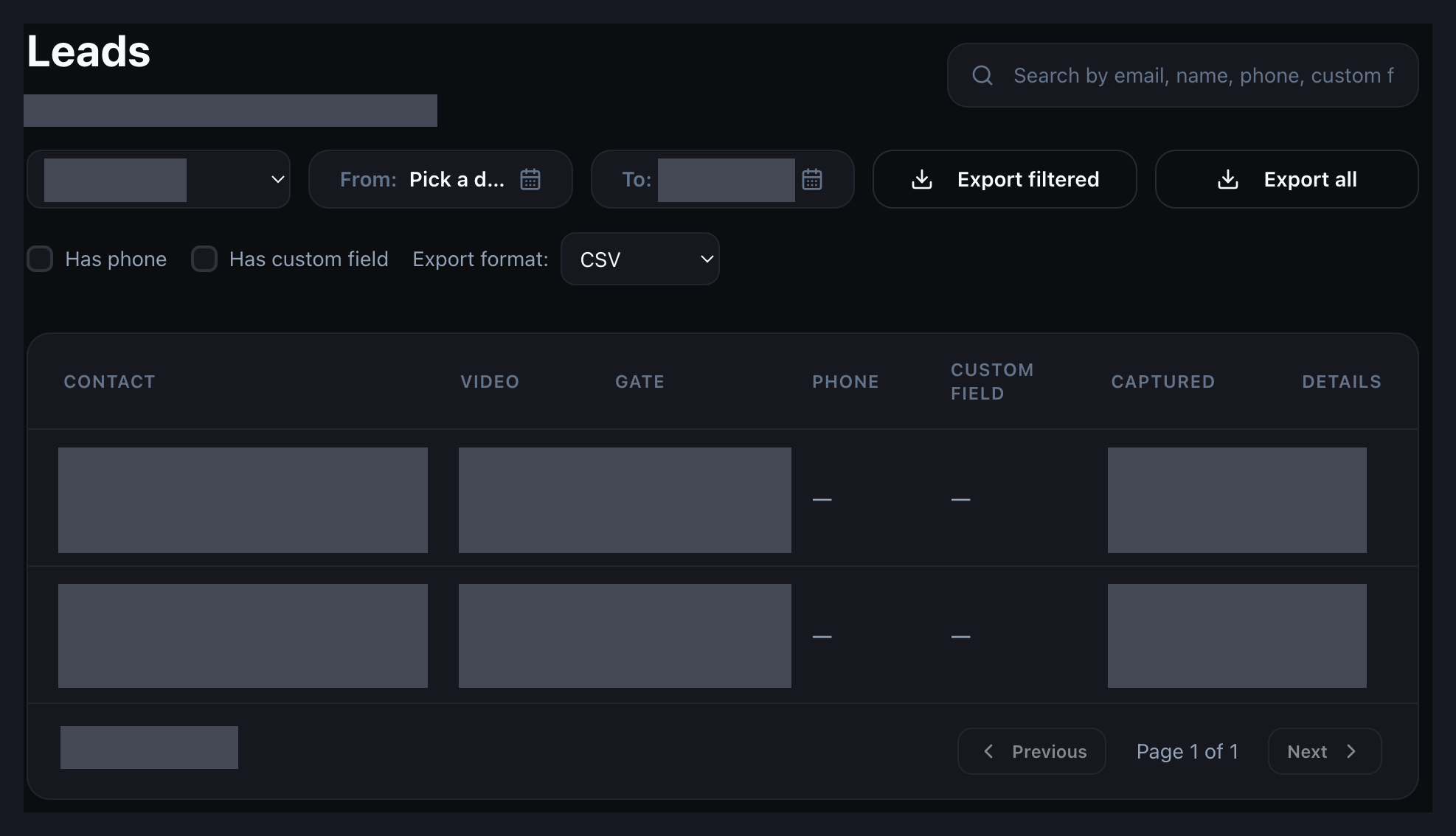 Vidzy Leads dashboard with search, filters and CSV export controls; contact data is redacted